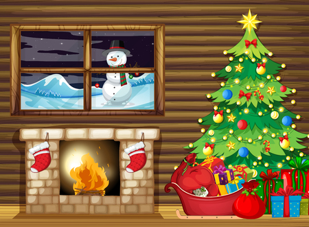 Inside of the log house in winter illustrationのイラスト素材