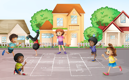 Children playing hopscotch at village illustrationのイラスト素材