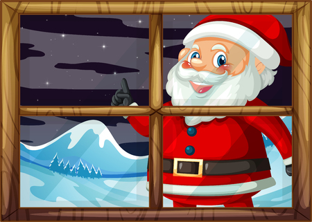 A santa claus smiling outside the window illustrationのイラスト素材