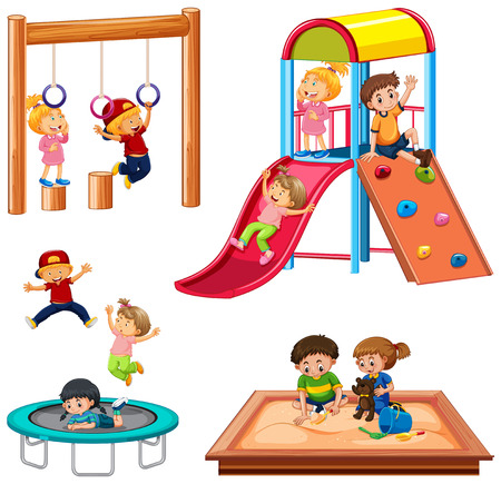 Set of children playing playground equipment illustrationのイラスト素材