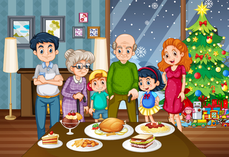 A big family at the dining table illustrationのイラスト素材