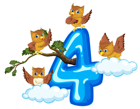 Four owl on number four illustrationのイラスト素材