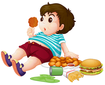 Fat boy eating junkfood illustrationのイラスト素材