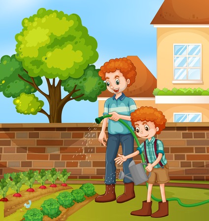 Father and son gardening illustrationのイラスト素材