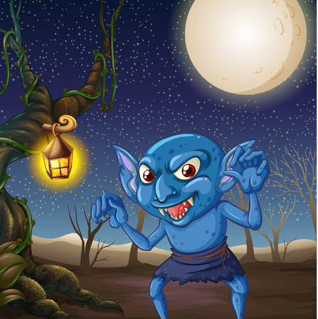 Scary goblin at night scene illustrationのイラスト素材