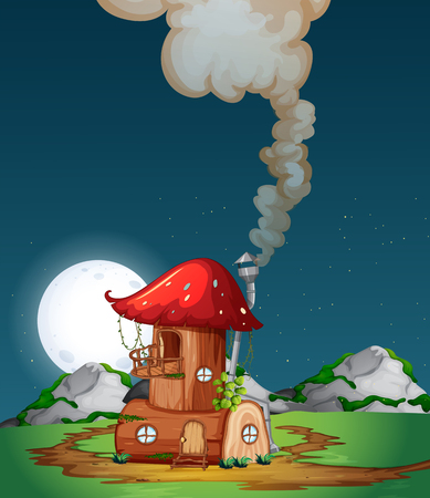 Mushroom wooden house in nature illustrationのイラスト素材