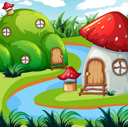 Enchanted mushroom house in nature illustrationのイラスト素材