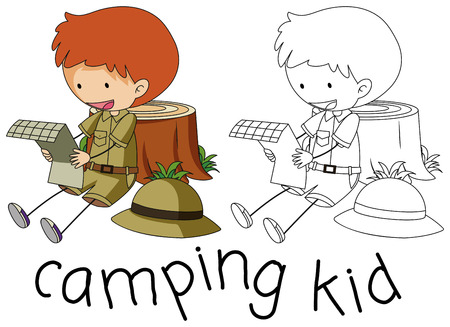 Doodle camping kid character illustrationのイラスト素材