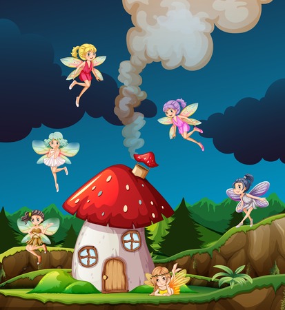 Fairy at mushroon house illustrationのイラスト素材