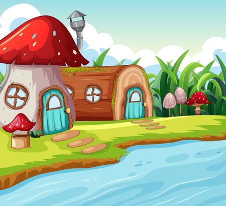 Mushroom and wood house illustrationのイラスト素材