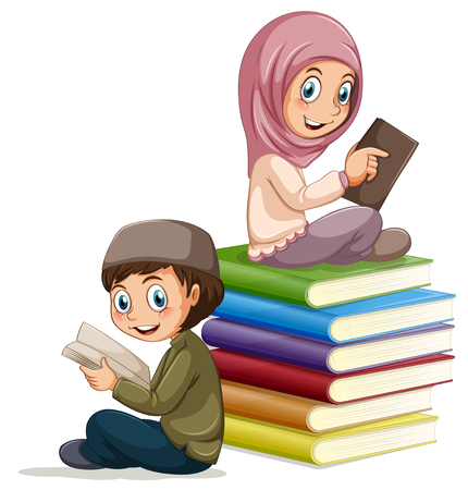 Muslim boy and girl reading illustrationのイラスト素材