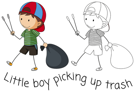 Doodle boy picking up trash illustrationのイラスト素材