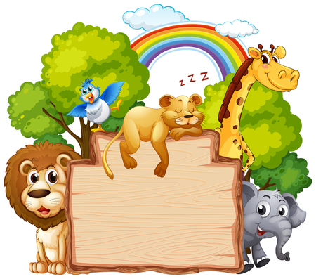 Wild animal on wooden banner illustrationのイラスト素材