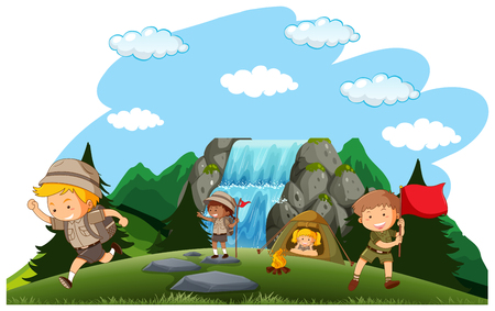 Camping kids camping in nature illustrationのイラスト素材