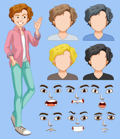 Set of man head and facial expression illustrationのイラスト素材