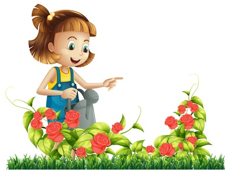 A girl watering rose tree illustrationのイラスト素材