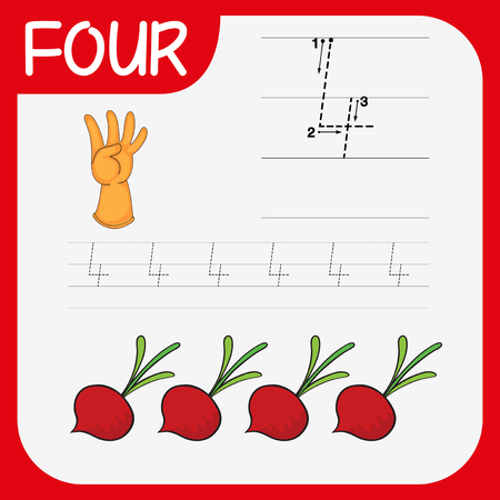 How to write number four worksheet illustrationのイラスト素材