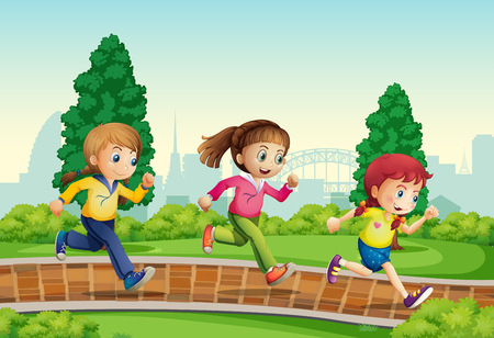 Group of girl ranning in park illustrationのイラスト素材