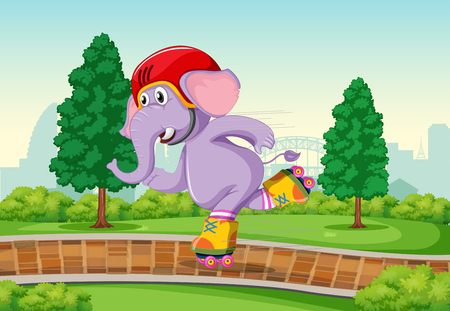 Elephant playing roller skate in the park illustrationのイラスト素材