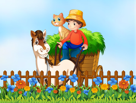 A farmer riding horse cart illustrationのイラスト素材