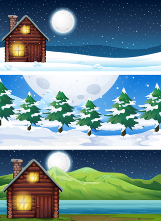 Set of house in nature landscape illustrationのイラスト素材