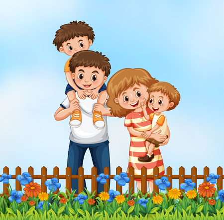 Happy family in the flower graden illustrationのイラスト素材