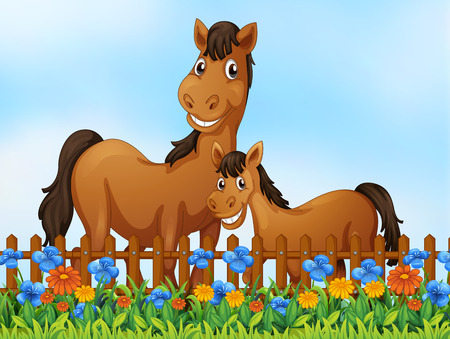 Horse family at flower garden illustrationのイラスト素材