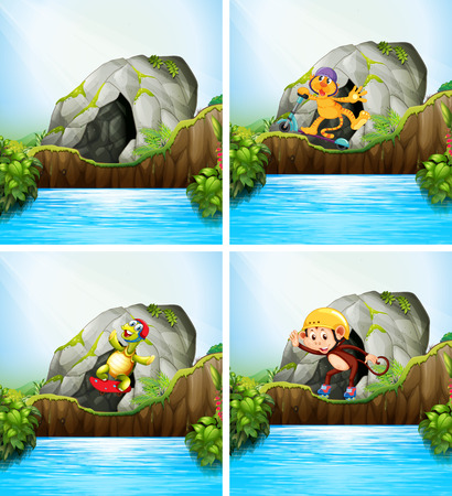 Set of animal playing extreme sport in nature illustrationのイラスト素材