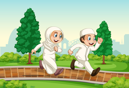 A muslim couple running in the park illustrationのイラスト素材