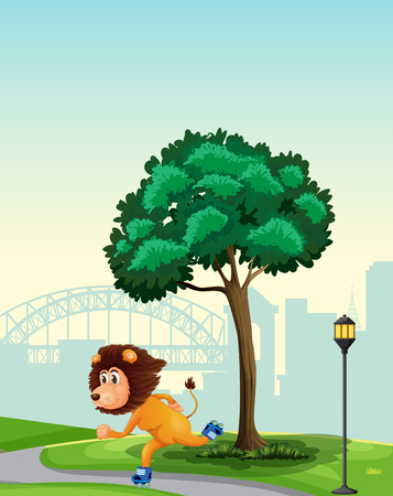 A lion playing roller skate in the park illustrationのイラスト素材