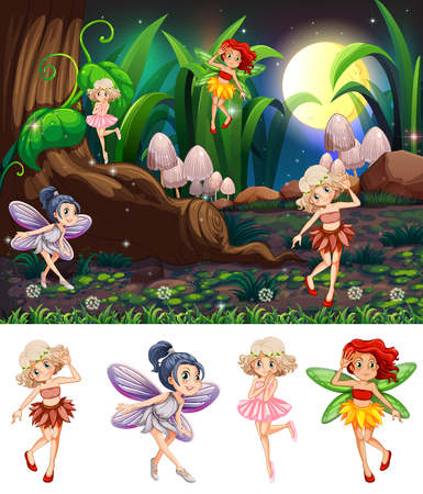 Set of fairy night scene illustrationのイラスト素材