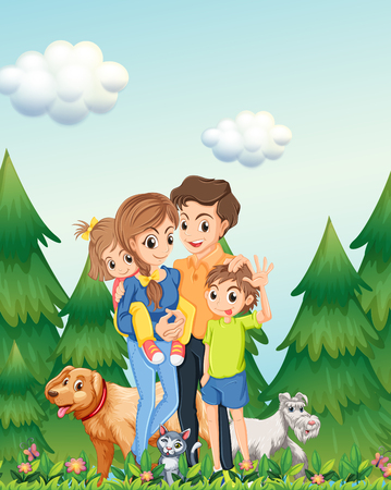 Family in woods scene illustrationのイラスト素材