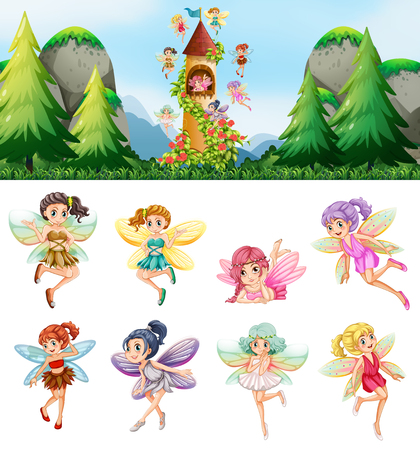 Set of fairies in nature illustrationのイラスト素材