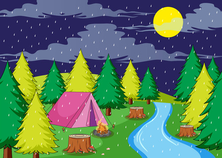 Camping in rainy night illustrationのイラスト素材