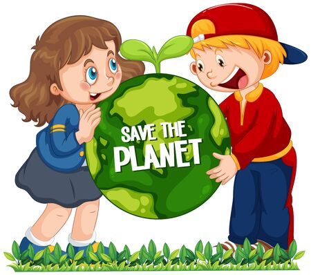 Children holding globe on white background illustrationのイラスト素材
