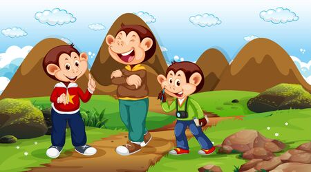 Monkeys walking in park scene illustration