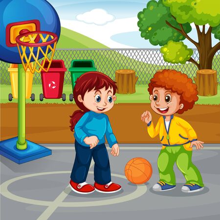 Boy and girl playingのイラスト素材