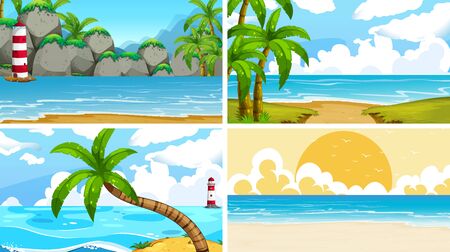 Set of tropical ocean nature scenes with beaches illustrationのイラスト素材