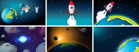 Set of space ship and earth scenes illustrationのイラスト素材