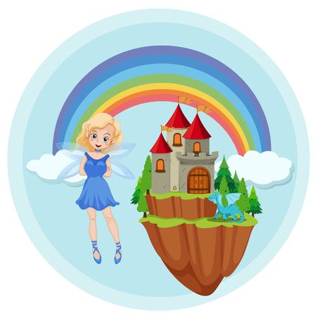 Fairy with castle on floating island illustrationのイラスト素材