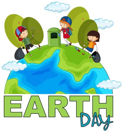 Children picking up rubbish earth day poster illustrationのイラスト素材