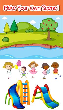 Make your own scene with kids and playground illustrationのイラスト素材