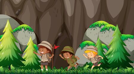 scout kids in nature scene illustrationのイラスト素材