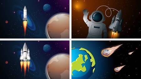 Set of rocket and astronaut scenes illustrationのイラスト素材