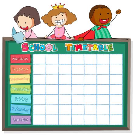 School timetable template with boys and girls illustrationのイラスト素材