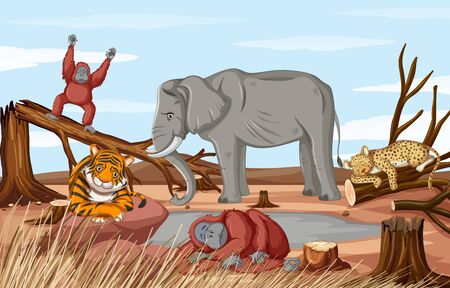 Deforestation scene with dying animals in drought illustrationのイラスト素材