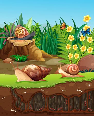 Nature scene with snails crawling in garden illustrationのイラスト素材