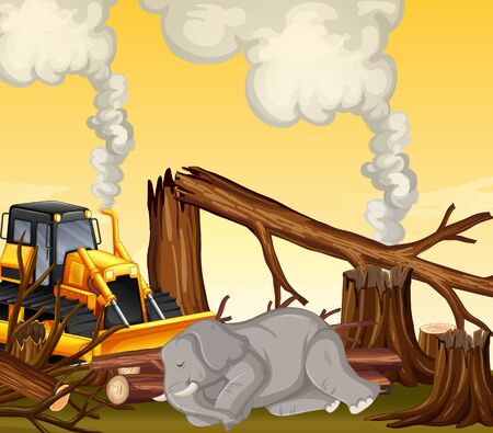 Deforestation scene with elephant dying  illustrationのイラスト素材