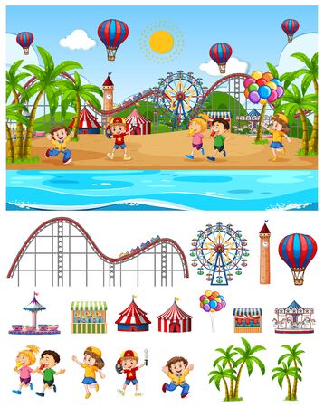 Scene background design with kids at the funfair by the beach illustrationのイラスト素材
