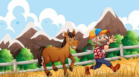 Man and horse on farm  illustrationのイラスト素材